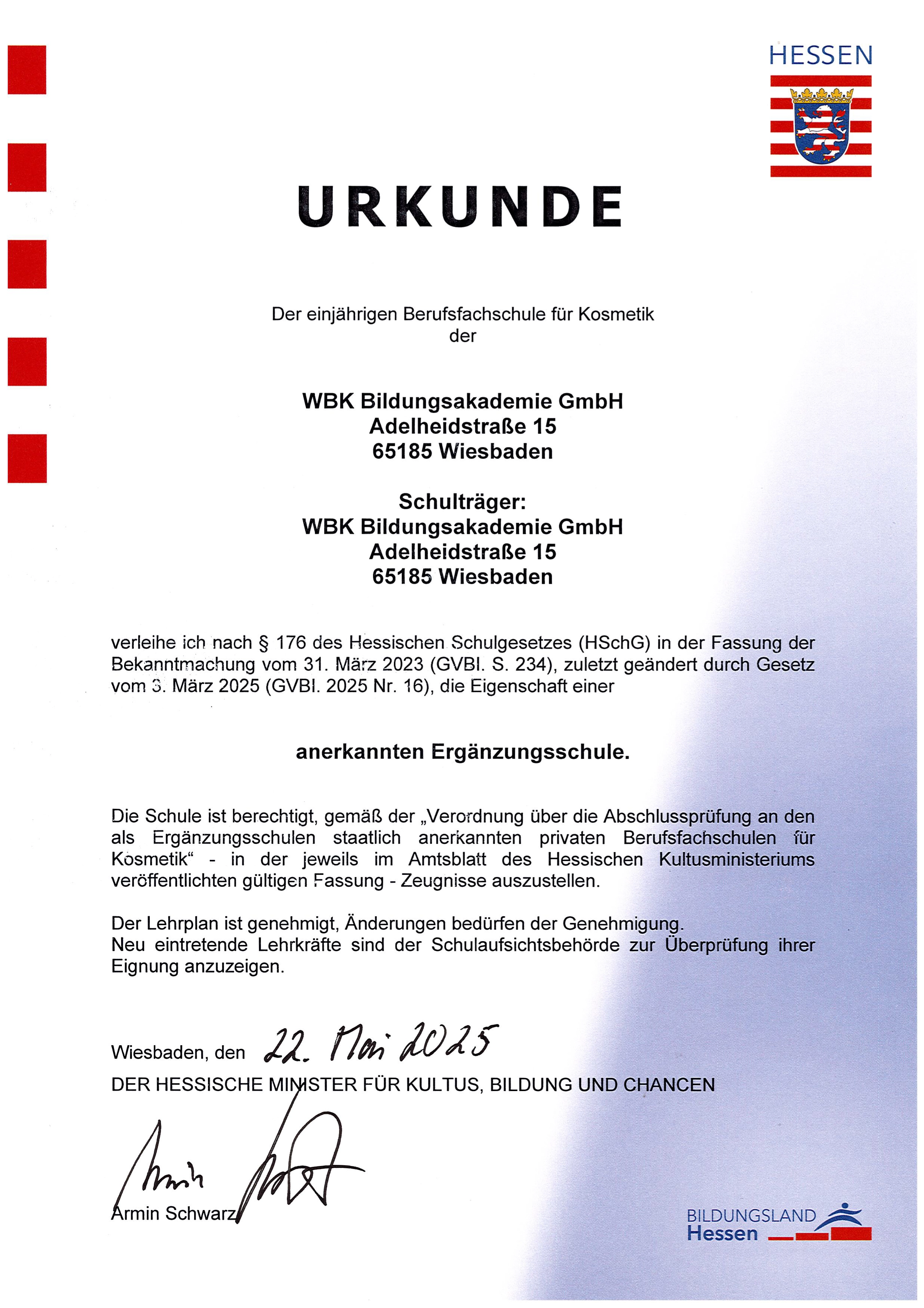 Urkunde über die staatliche Anerkennung